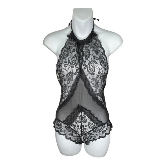 Black Lace Sheer Halter Teddy Small Lace Up Leather Back Cheeky Sleep Wear - Picture 3 of 9